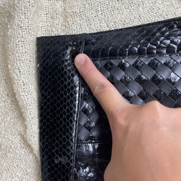 Vintage Snake Skin Black Clutch Strapped Bag Folded‎ String Black intrecciato - Picture 3 of 6